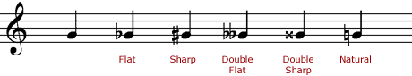 Notes with five different accidental signs: flat, sharp, double flat, double sharp, and natural on a standard five line staff