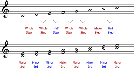 Standard musical staff showing an ascending major scale with whole steps and half steps labelled